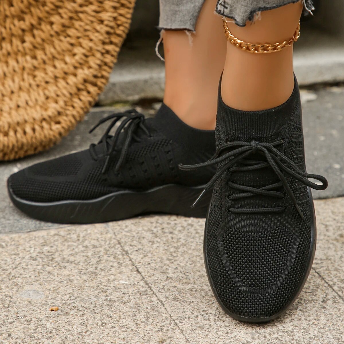 Emmeline Vaudreau | Beige Knit Lace-Up Sneakers for Women