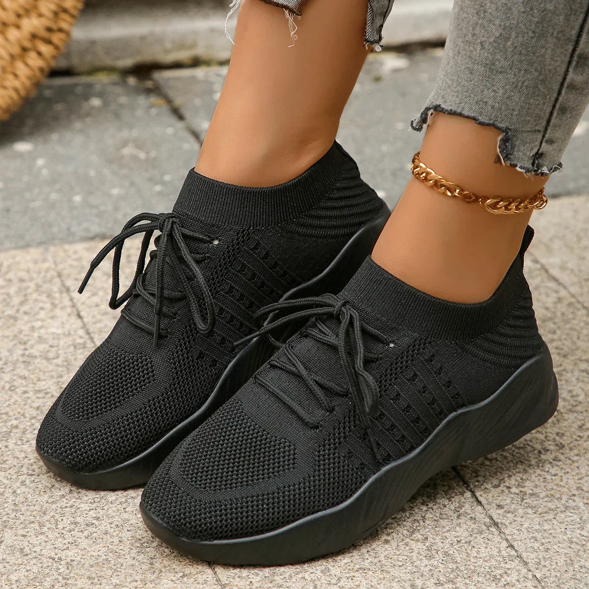 Emmeline Vaudreau | Beige Knit Lace-Up Sneakers for Women