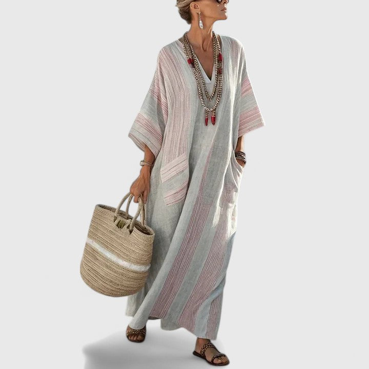 Solange Devereaux | Bohemian Maxi Dress in Cream Linen