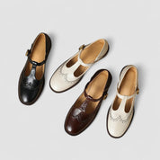 Celestine Browning | Cream Leather T-Strap Brogue Mary Jane Flats