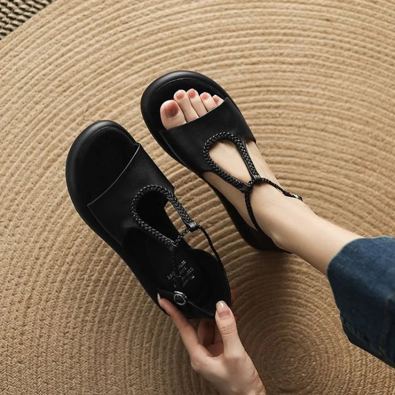 Claudia Ravensworth | Black Braided T-Strap Flat Sandals
