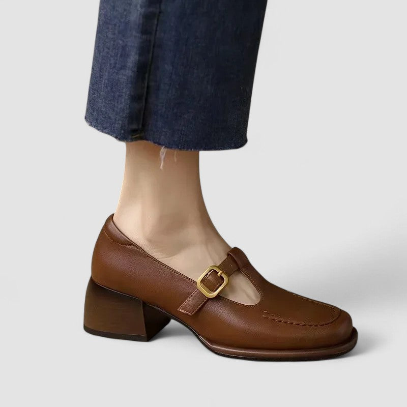 Théodora Valmonte | Orthopedic T-Strap Mary Jane Flats in Brown