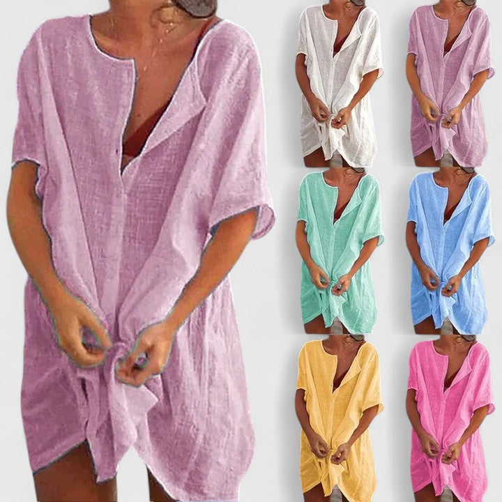 Celinda Marchbourne | White Linen Tunic Dress Short Sleeve