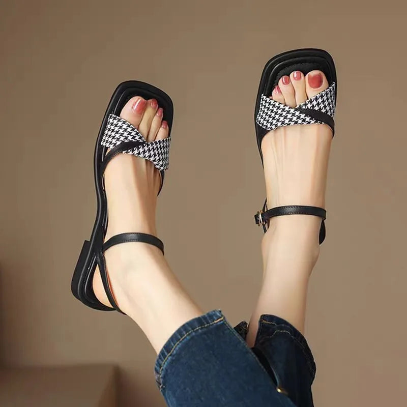 Elspeth Vanbrough | Houndstooth Flat Ankle Strap Sandals