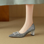 Clarisse Valenthorpe | Gold Glitter Block Heel Pumps with Crystal Buckle