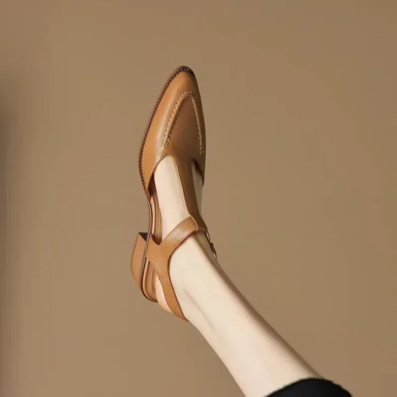 Félicienne Hartmore | T-Strap Buckle Flat in Tan Leather