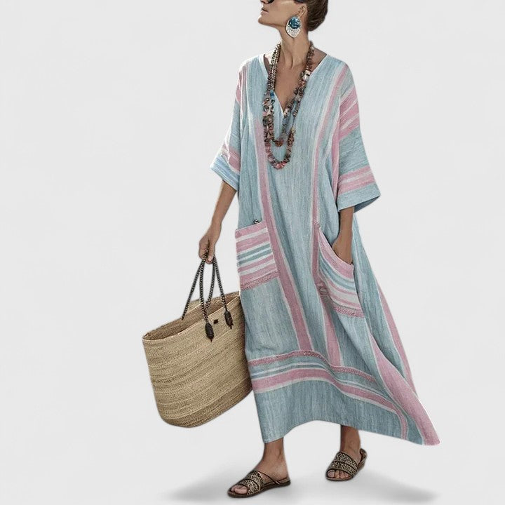 Solange Devereaux | Bohemian Maxi Dress in Cream Linen