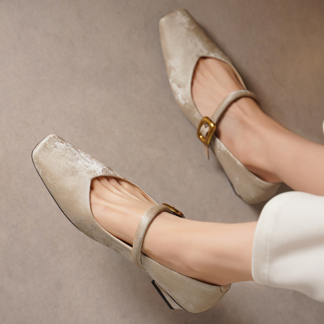 Sylvaine Delcroix | Velvet Mary Jane Heels with Gold Buckle