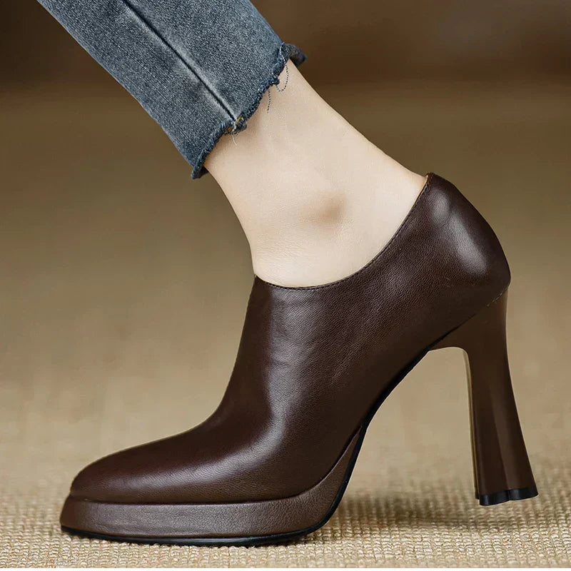 Auriane Blackmoor | Women's Platform Block Heel Pump with Side Zipper in Brown