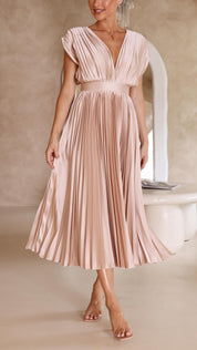 Serinda Vauclaire | Rose Pleated V-Neck Midi Dress