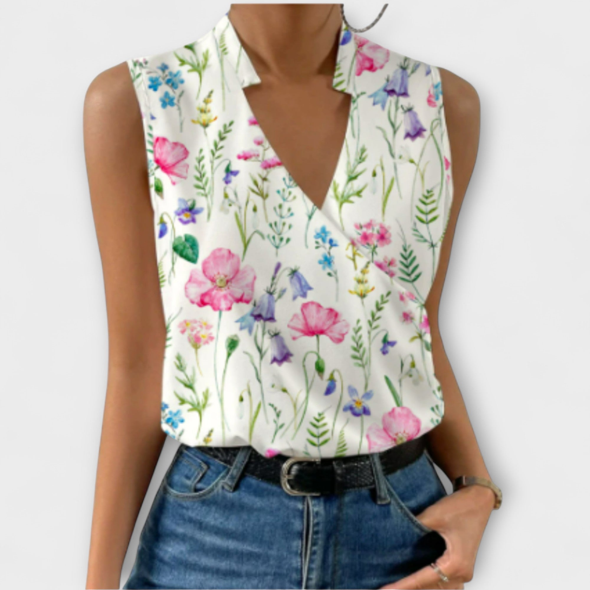 Elspeth Montford | White Satin Sleeveless V-Neck Blouse