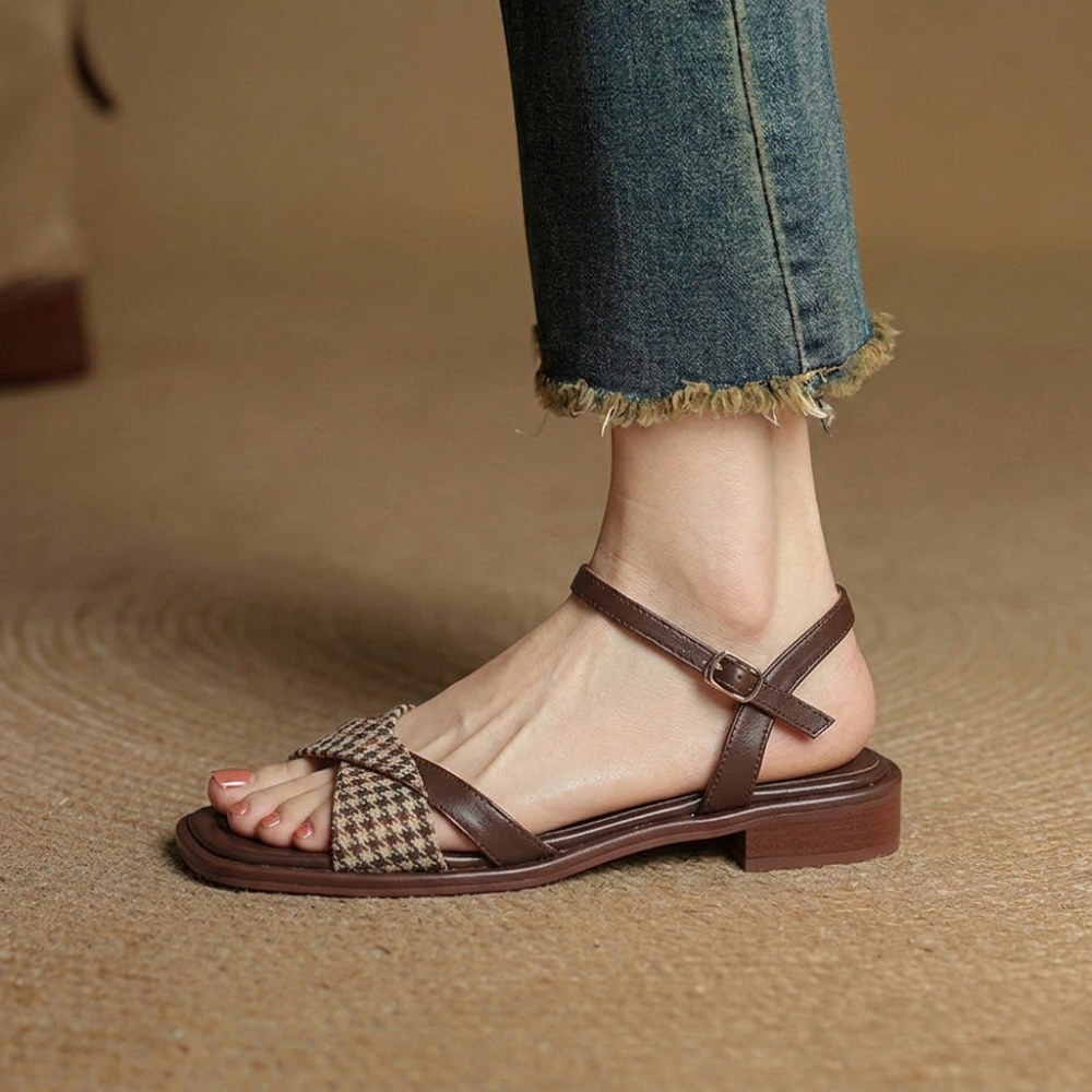 Elspeth Vanbrough | Houndstooth Flat Ankle Strap Sandals