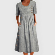 Claudine Hartwell | Blue Striped Midi Dress with Button Detail