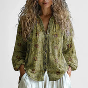 Violaine Charpentier | Boho Floral Print Long Sleeve Blouse in Green