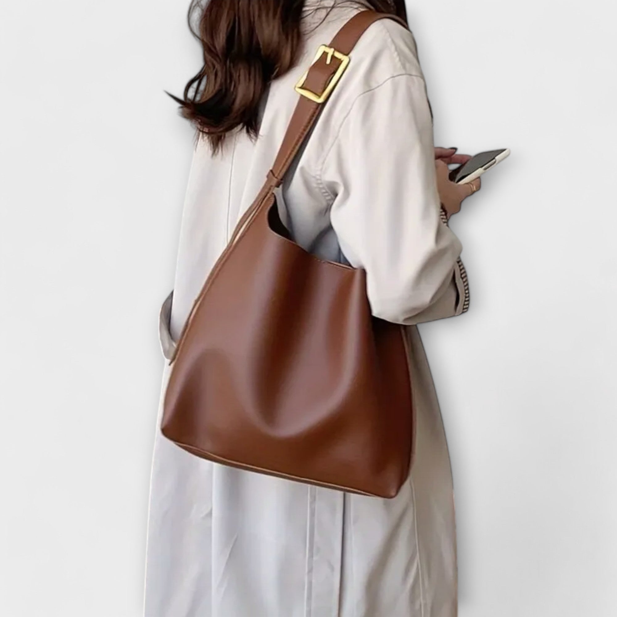 Cecilia Montrose | Tan Faux Leather Shoulder Bag with Gold Buckle