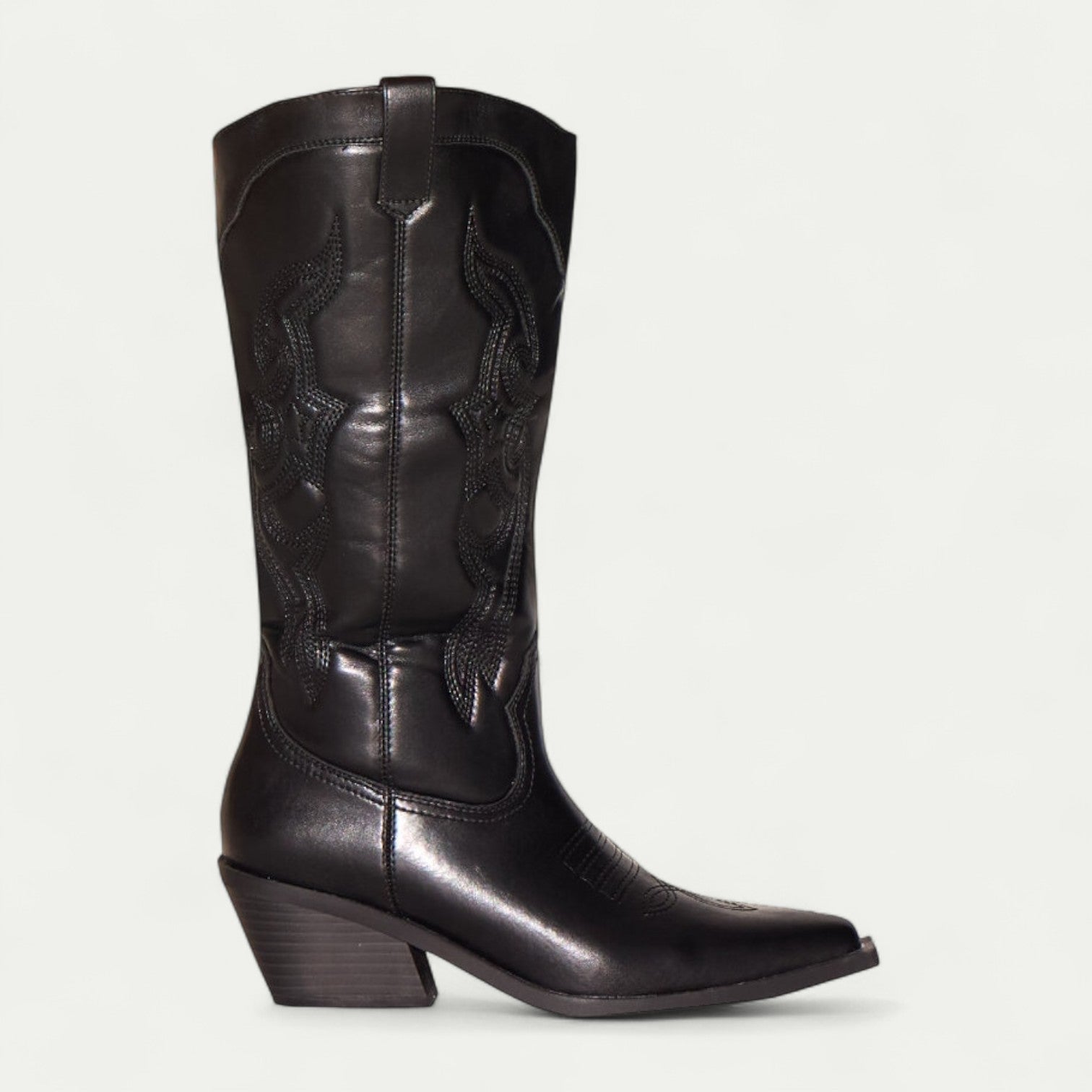 Seraphina Caldwell | Black Western Calf-High Pointed Toe Boots