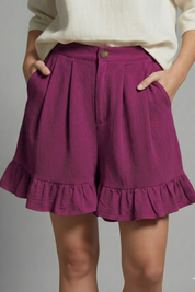 Claudine Beauverre | High Waist Ruffle Hem Casual Shorts in Camel