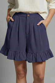Claudine Beauverre | High Waist Ruffle Hem Casual Shorts in Camel