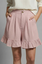 Claudine Beauverre | High Waist Ruffle Hem Casual Shorts in Camel