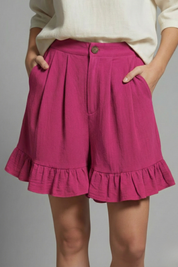 Claudine Beauverre | High Waist Ruffle Hem Casual Shorts in Camel