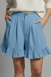 Claudine Beauverre | High Waist Ruffle Hem Casual Shorts in Camel