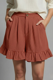Claudine Beauverre | High Waist Ruffle Hem Casual Shorts in Camel