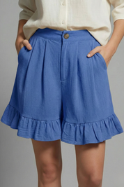 Claudine Beauverre | High Waist Ruffle Hem Casual Shorts in Camel