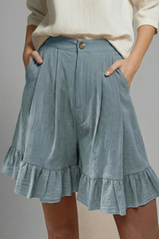 Claudine Beauverre | High Waist Ruffle Hem Casual Shorts in Camel