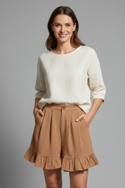 Claudine Beauverre | High Waist Ruffle Hem Casual Shorts in Camel