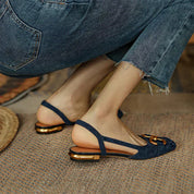 Aurelia Dawnbridge | Navy Blue Suede Slingback Sandals with Gold Buckle