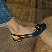 Aurelia Dawnbridge | Navy Blue Suede Slingback Sandals with Gold Buckle