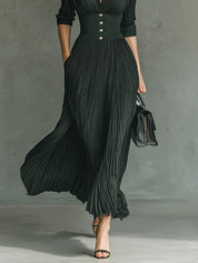 Auriane Bellecourt | Black Pleated Maxi Dress with Fitted Waist