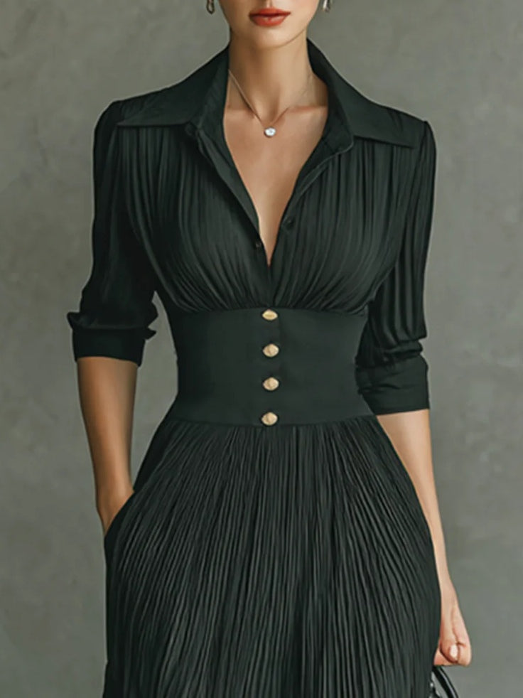 Auriane Bellecourt | Black Pleated Maxi Dress with Fitted Waist
