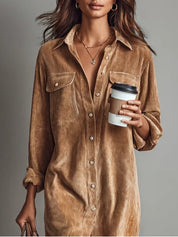 Corinthia Blackwell | Camel Corduroy Midi Shirt Dress