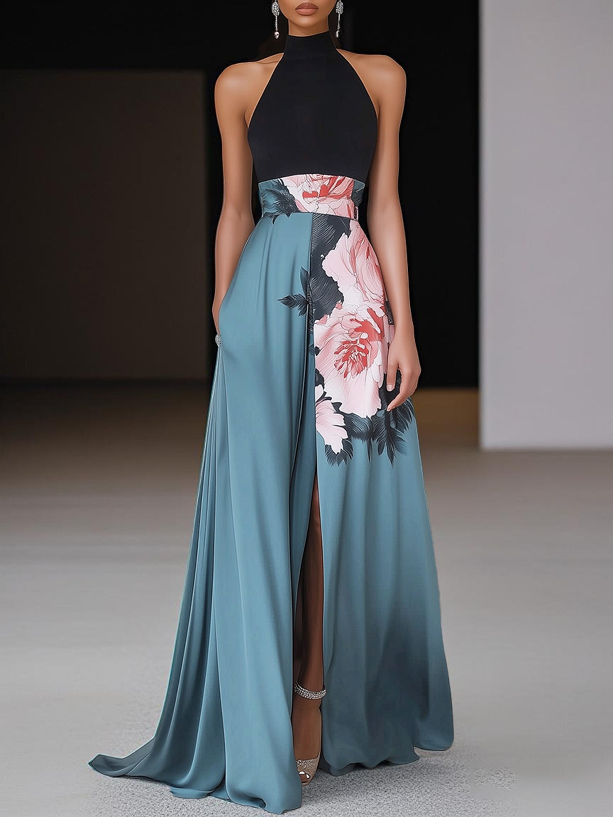 Beatrice Halvorne | Floral Halter Maxi Dress with Side Slit
