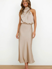 Seraffina Wolvecourt | Sage Green Satin Halter Midi Dress