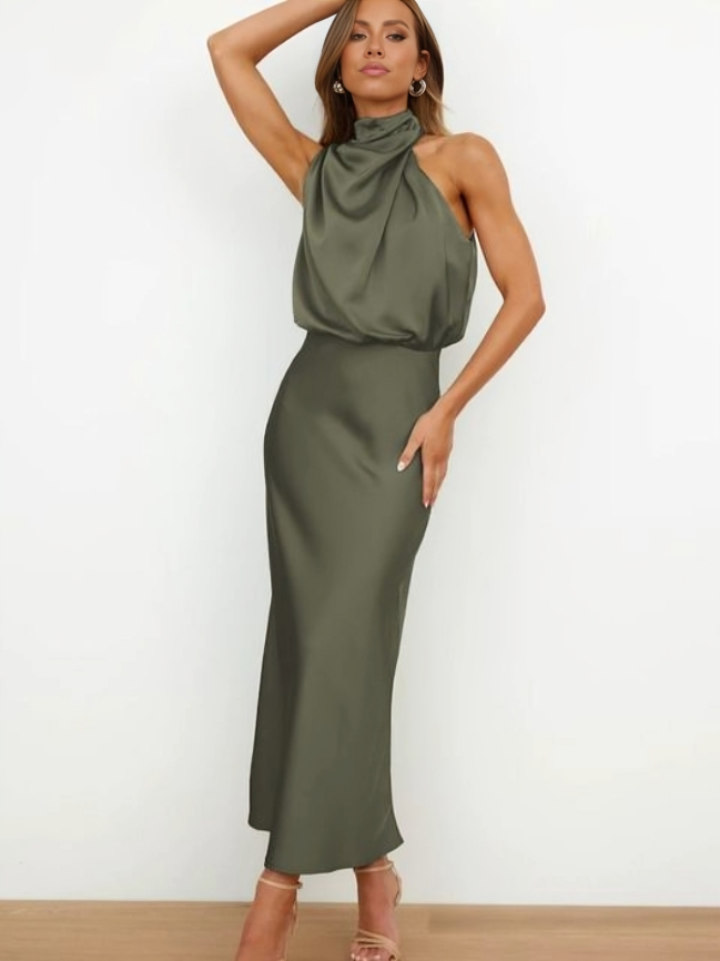 Seraffina Wolvecourt | Sage Green Satin Halter Midi Dress