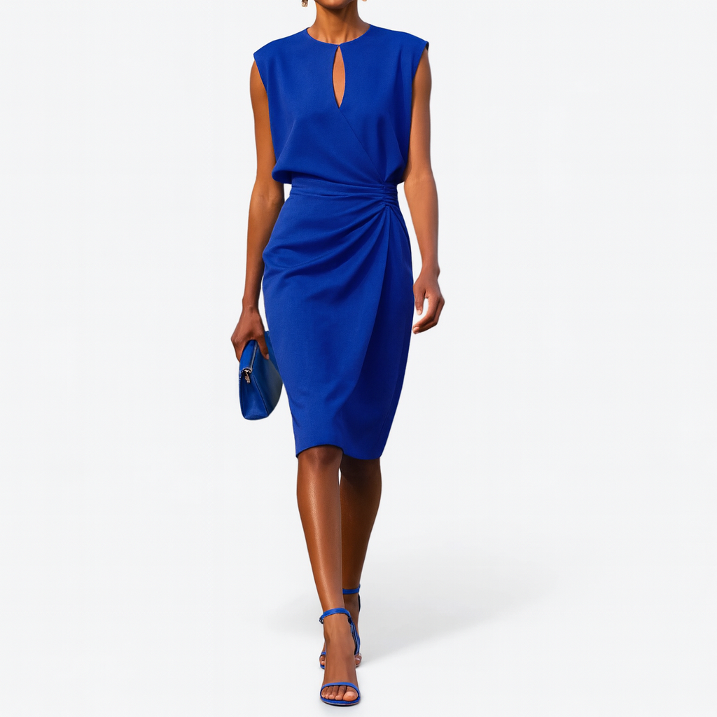 Elaine Duvoisin | Light Blue Sleeveless Ruched Midi Dress