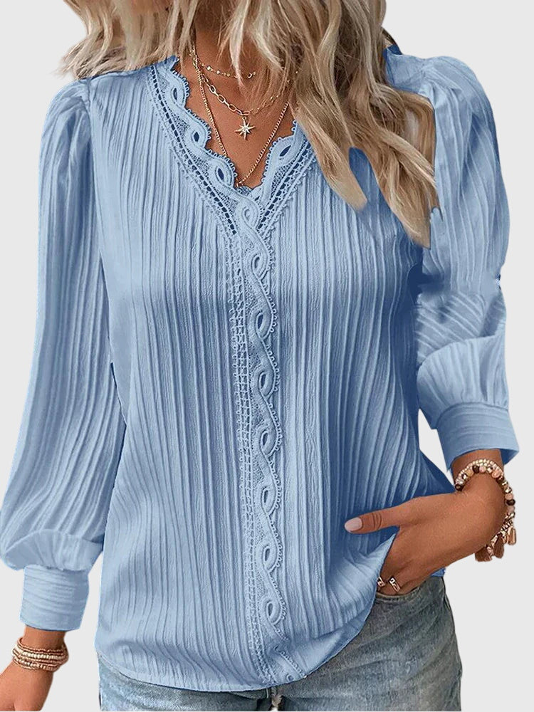 Céleste Fontaine | Yellow Lace Trim V-Neck Pullover Blouse