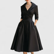 Genevra Elsinore | Navy Blue A-Line Midi Dress with 3/4 Sleeves