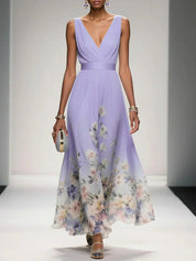 Celestine Dawnmore | Light Blue Floral Maxi V-Neck Dress
