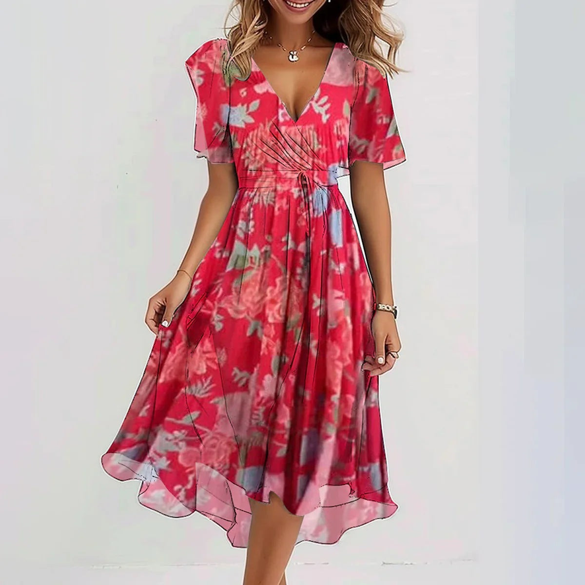 Ellinor Beauvais | Green Floral Chiffon Midi Wrap Dress