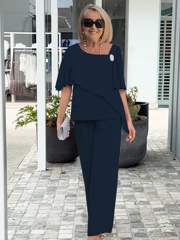 Dorothea Valmontaine | Elegant Blue Chiffon Two-Piece Pants Set