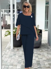 Dorothea Valmontaine | Elegant Blue Chiffon Two-Piece Pants Set