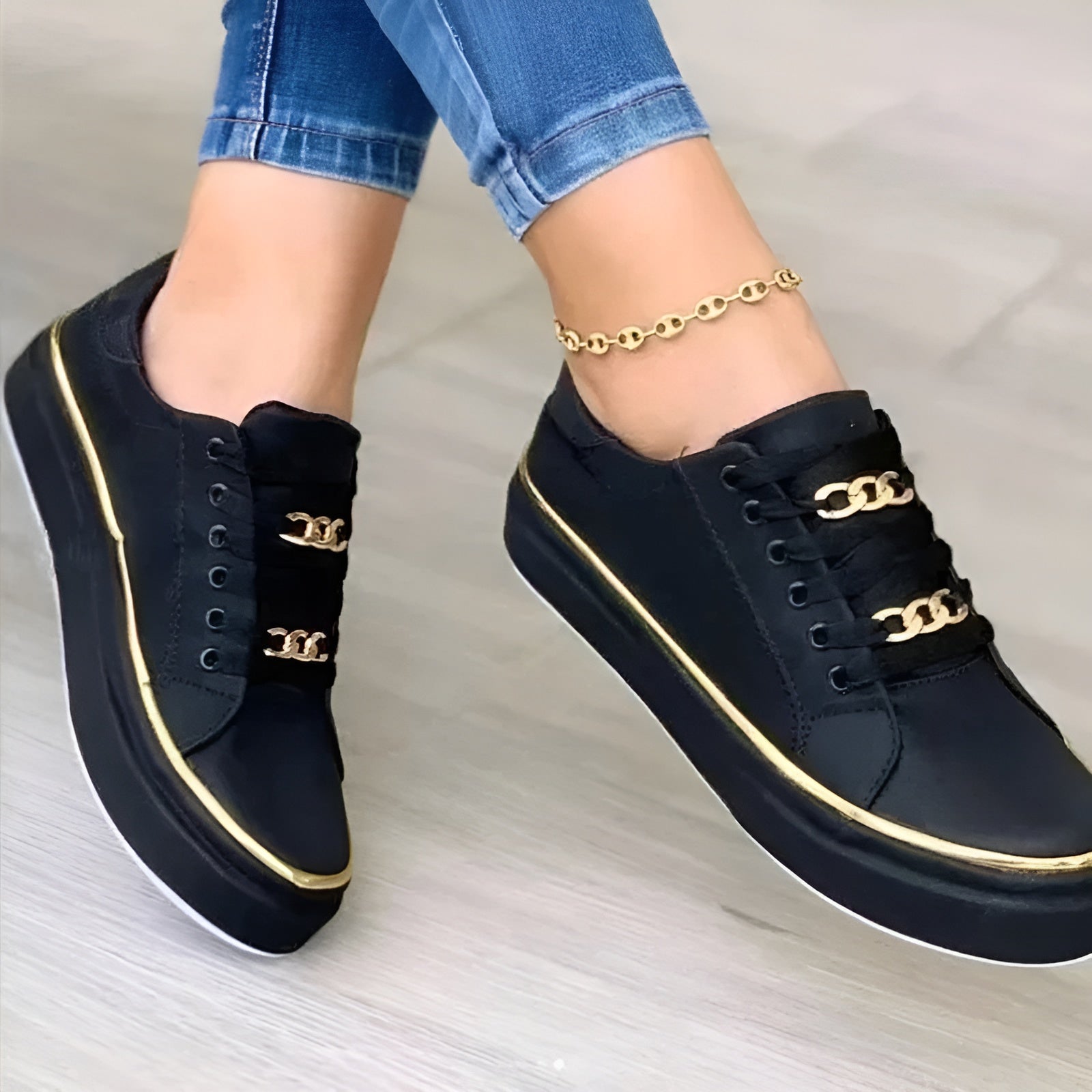 Valentina Mercer | White Platform Sneakers with Gold Chain Detail