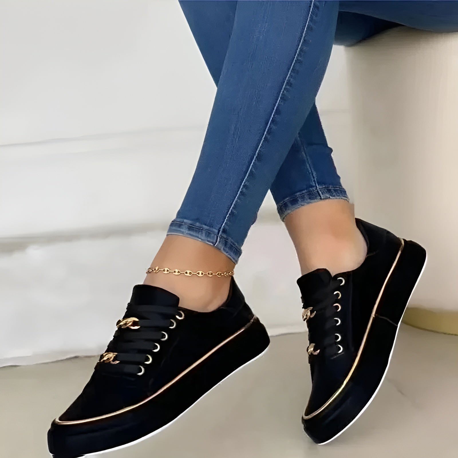 Valentina Mercer | White Platform Sneakers with Gold Chain Detail
