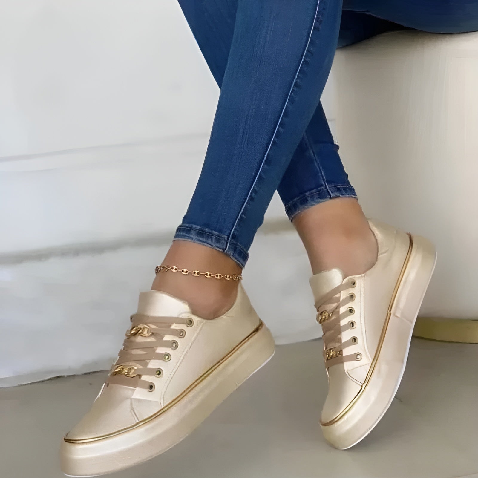 Valentina Mercer | White Platform Sneakers with Gold Chain Detail