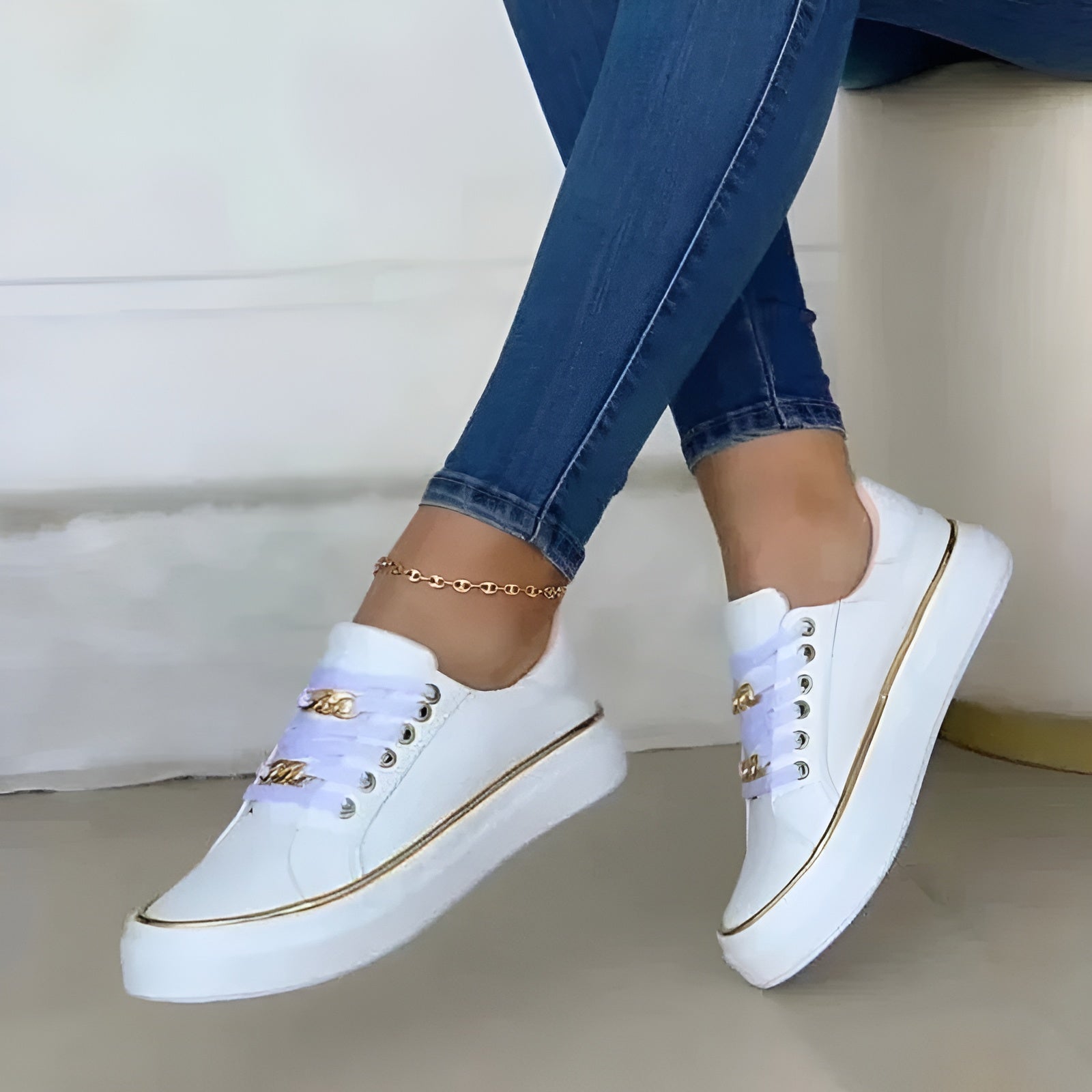 Valentina Mercer | White Platform Sneakers with Gold Chain Detail