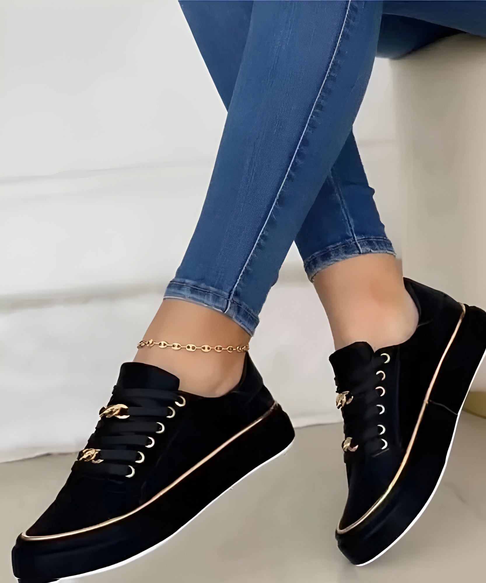 Genevra Whitmore | White Platform Sneakers with Gold Chain Detail