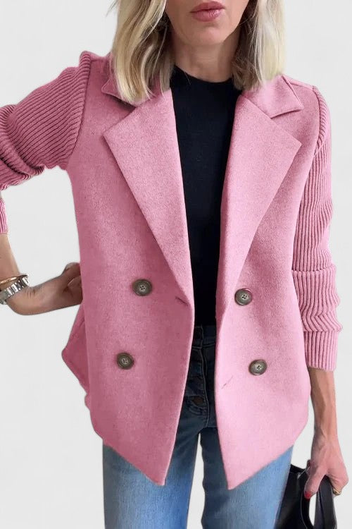 Eleanor Whitmore | Pink Double-Breasted Blazer with Contrast Knit Sleeves